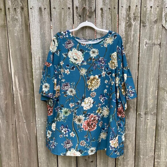 Bryn Walker Diego Tunic Size Medium Floral Print Bell Sleeve Teal Blue Sz M New - Picture 2 of 11
